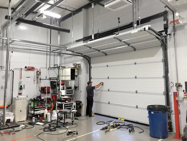 Streetsboro Garage Door Repair certified technician performing commercial door repair at a Streetsboro business facility