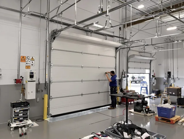 Commercial garage door repair being performed by Streetsboro Garage Door Repair expert in Streetsboro