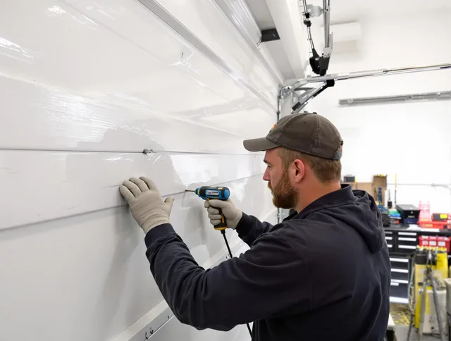 Streetsboro Garage Door Repair technician demonstrating precision dent removal techniques on a Streetsboro garage door
