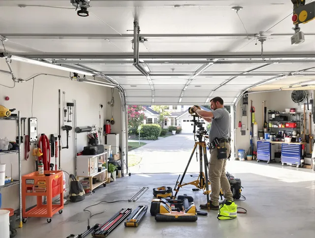 Streetsboro Garage Door Repair specialist performing laser-guided track alignment in Streetsboro